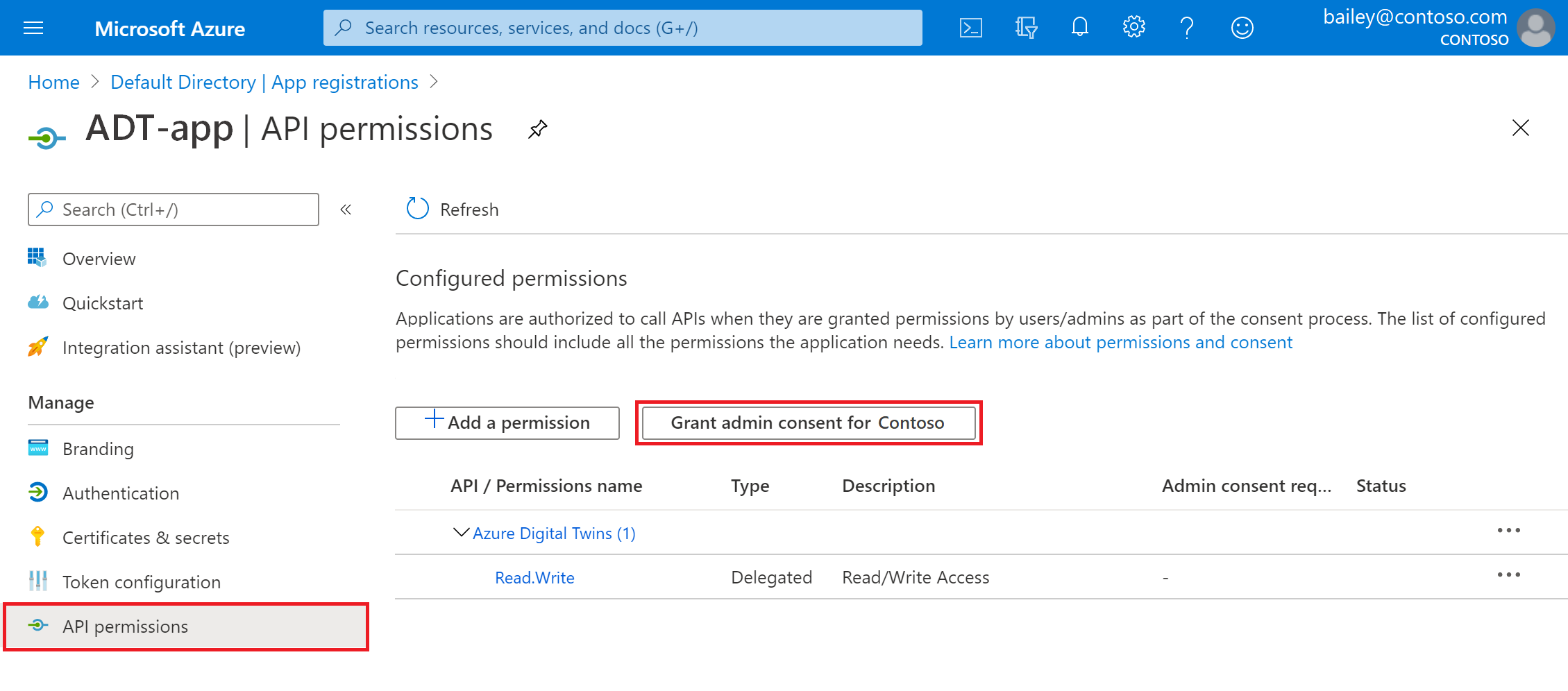 Screenshot of the Azure portal showing the 'Grant admin consent' button under API permissions.