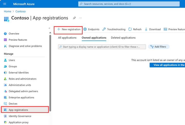 Screenshot of the Azure AD service page in the Azure portal, showing the steps to create a new registration in the 'App registrations' page.