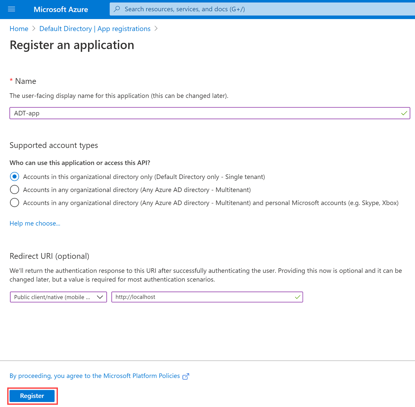 Screenshot of the 'Register an application' page in the Azure portal with the described values filled in.