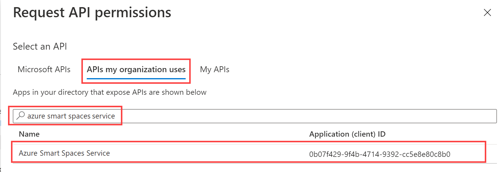 Screenshot of the 'Request API Permissions' page search result showing Azure Smart Spaces Service in the Azure portal.