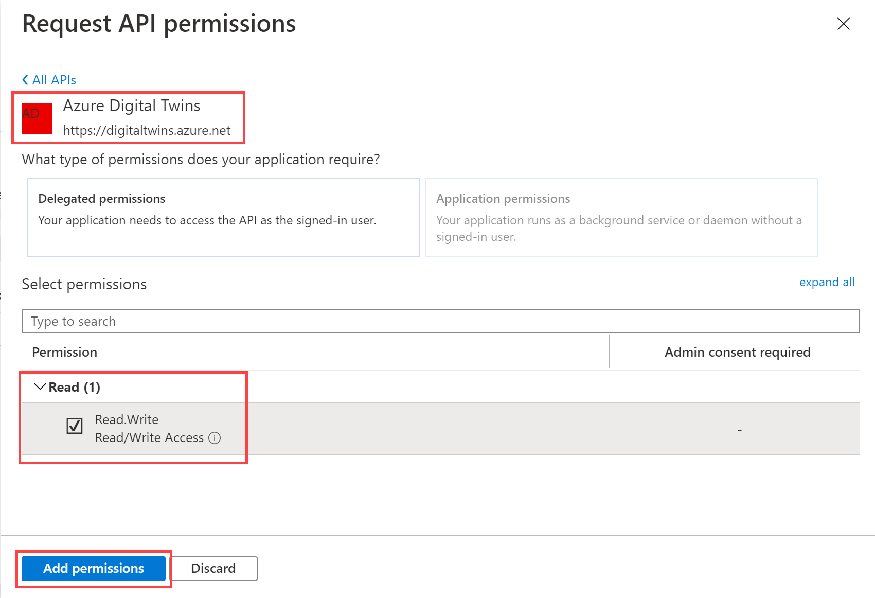 Screenshot of the 'Request API Permissions' page and selecting 'Read.Write' permissions for the Azure Digital Twins APIs in the Azure portal.