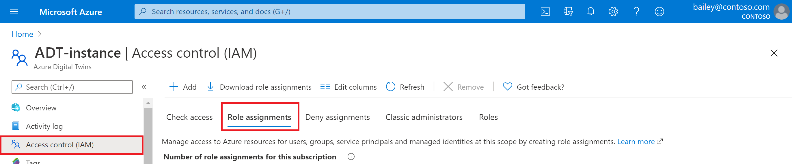 Screenshot of the Role Assignments page for an Azure Digital Twins instance in the Azure portal.