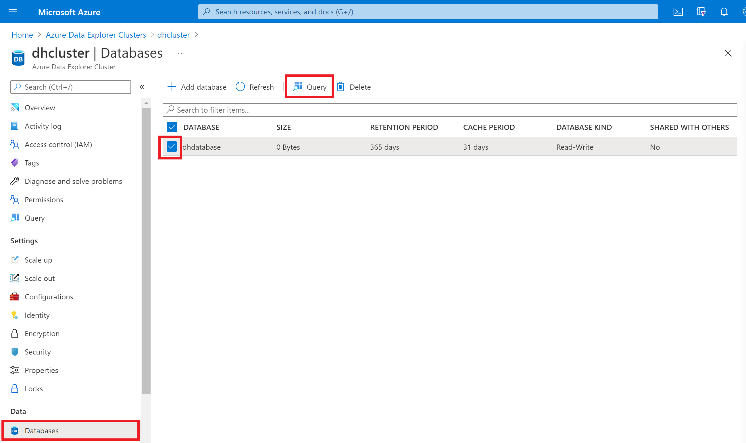 Screenshot of the Azure portal showing a database in an Azure Data Explorer cluster.