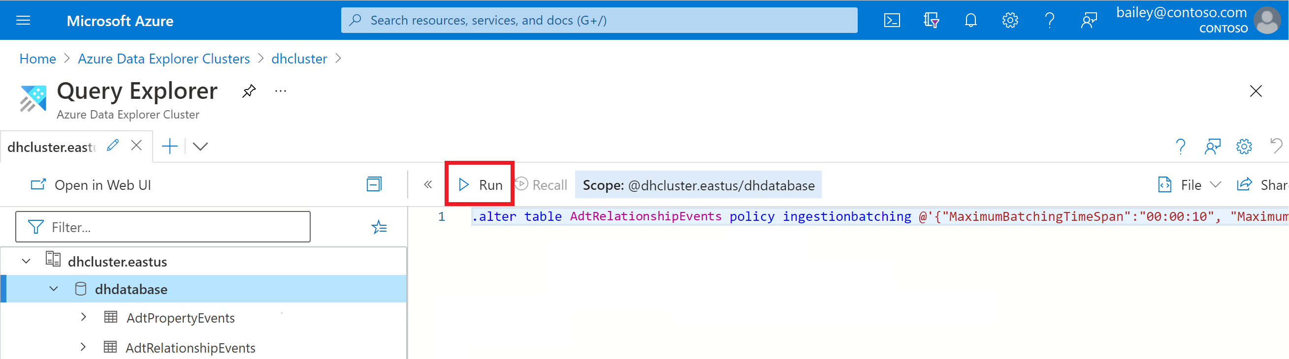 Screenshot of the Azure portal showing the query view for the database. The Run button is highlighted.