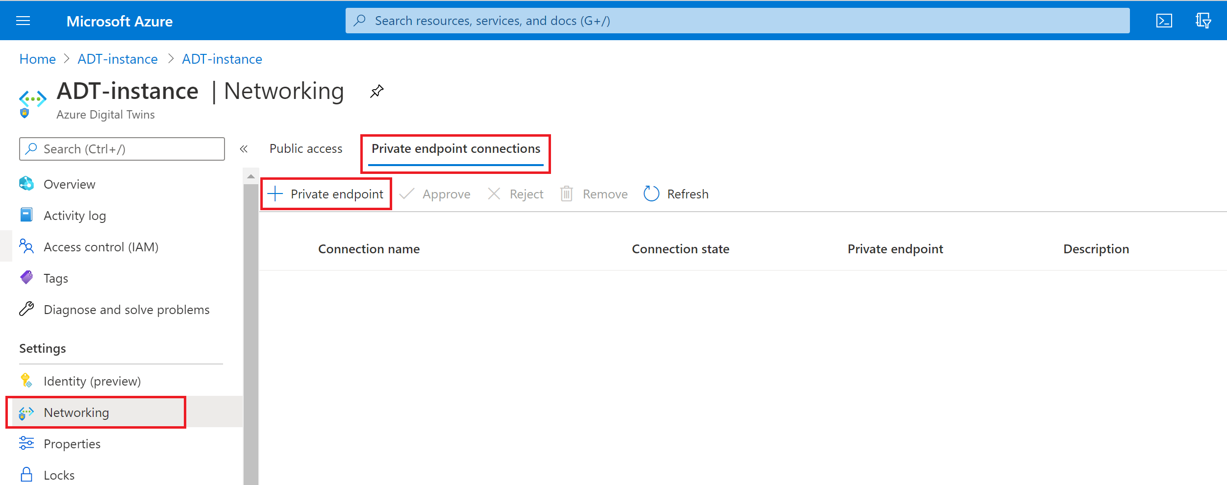 Screenshot of the Azure portal showing the Networking page for an existing Azure Digital Twins instance, highlighting how to create private endpoints.