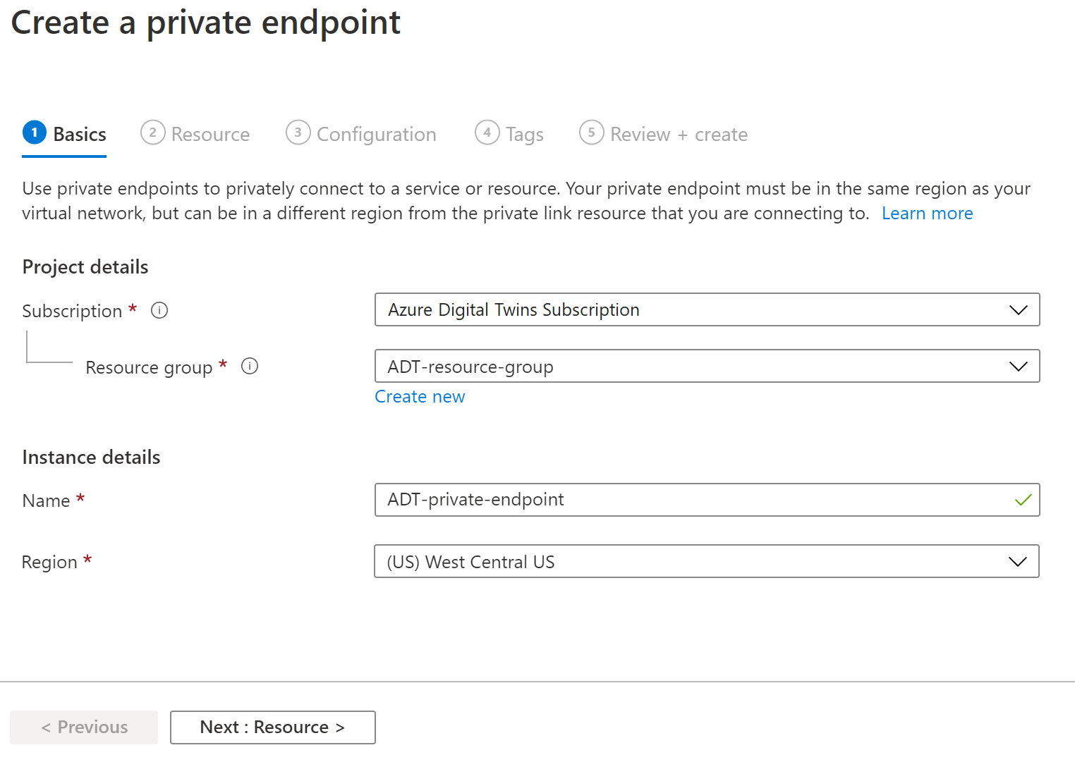 Screenshot of the Azure portal showing the first (Basics) tab of the Create a private endpoint dialog. It contains the fields described above.