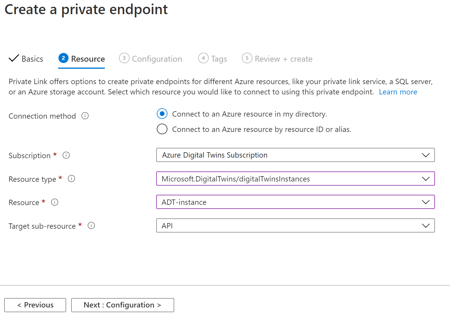 Screenshot of the Azure portal showing the second (Resource) tab of the Create a private endpoint dialog. It contains the fields described above.