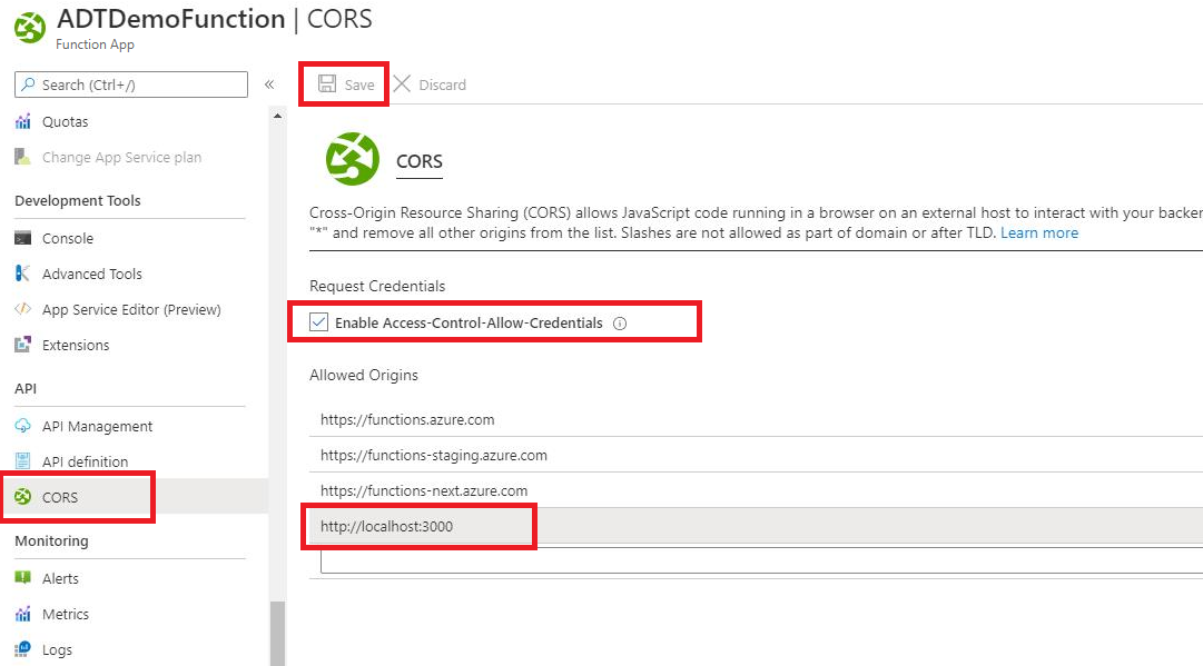 Screenshot of the Azure portal showing the CORS Setting in Azure Function.