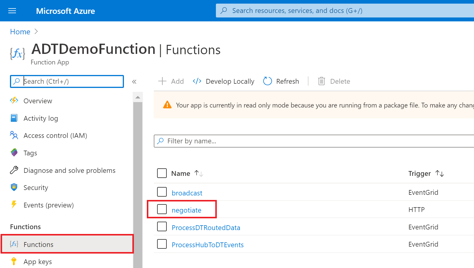 Screenshot of the Azure portal function apps, with 'Functions' highlighted in the menu and 'negotiate' highlighted in the list of functions.