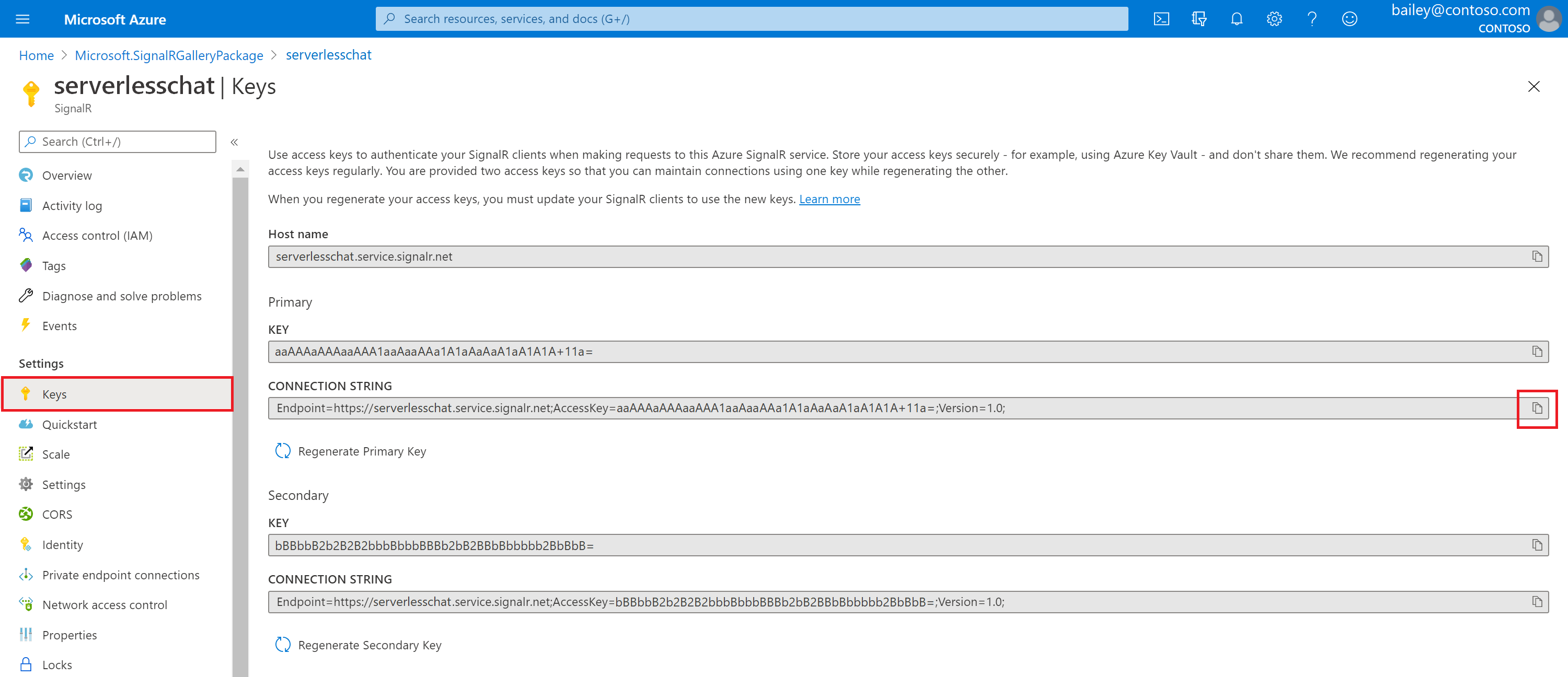 Screenshot of the Azure portal that shows the Keys page for the SignalR instance. The connection string is being copied.