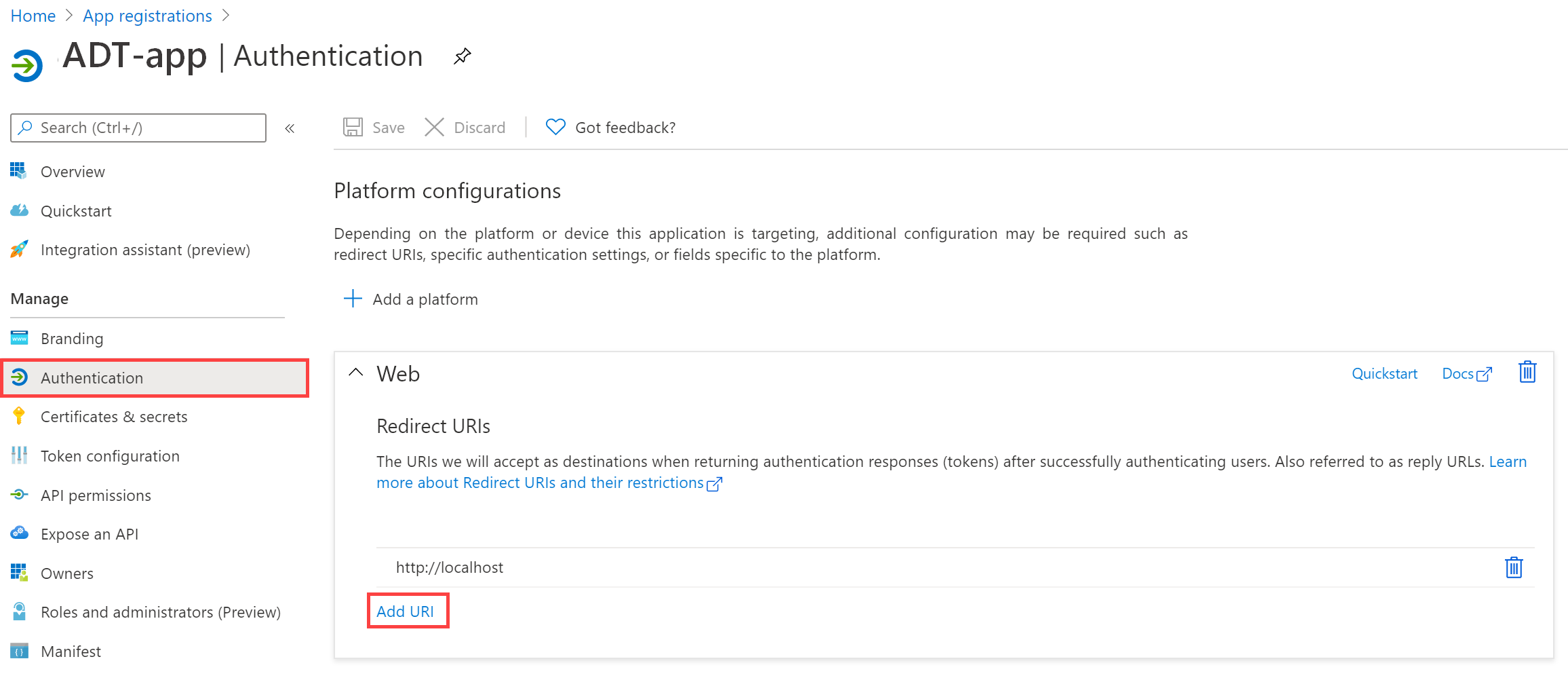 Screenshot of the Authentication page for the app registration in the Azure portal, highlighting the 'Add a URI' button and the 'Authentication' menu.