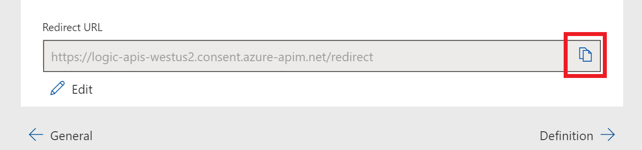 Screenshot of the Redirect URL field in the 'Edit Logic Apps Custom Connector' page. The button to copy the value is highlighted.