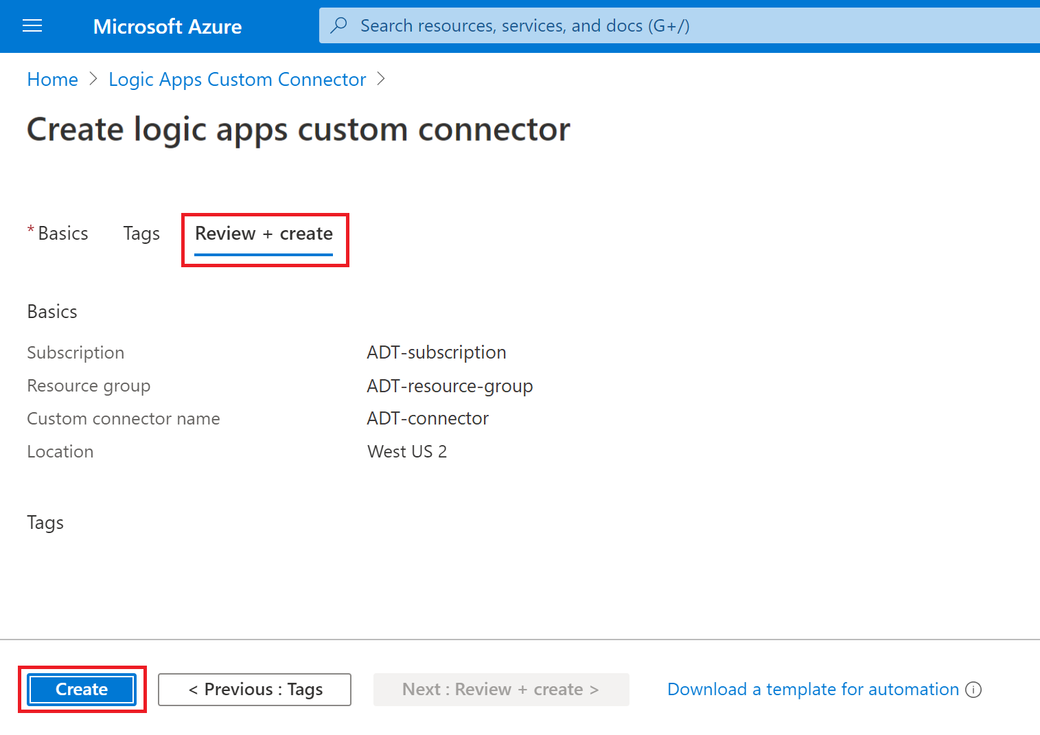 Screenshot of the 'Review + create' tab of the 'Review Logic Apps Custom Connector' page in the Azure portal.