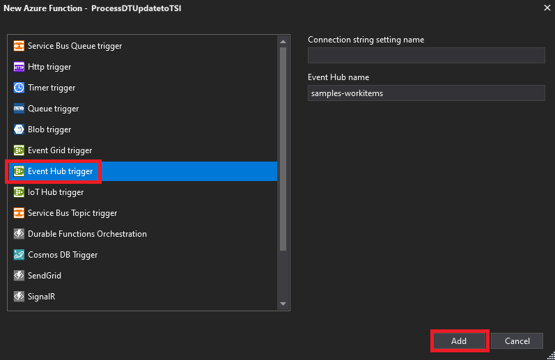 Screenshot of Visual Studio to create a new Azure function of type event hub trigger.