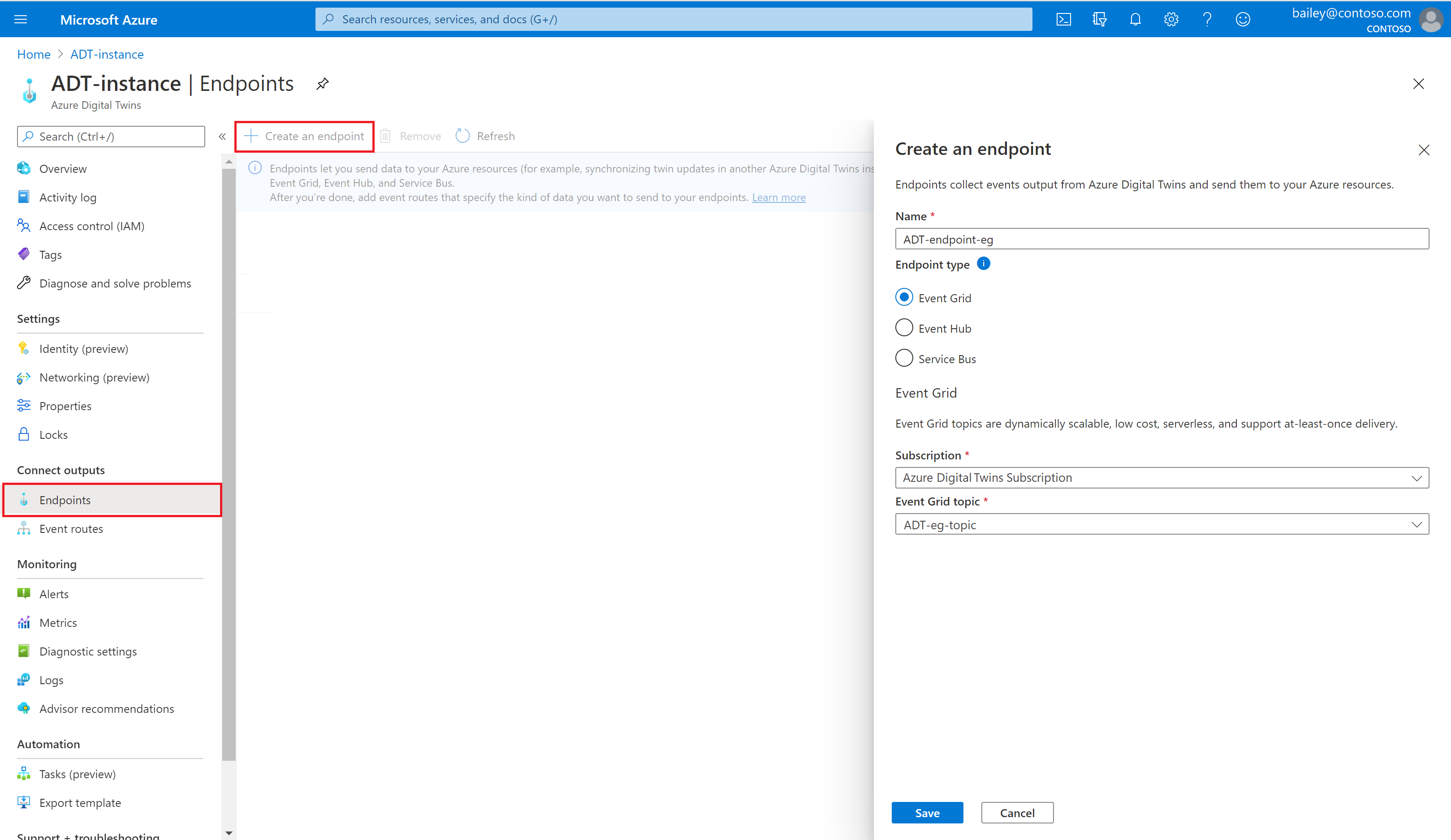 Screenshot of creating an endpoint of type Event Grid in the Azure portal.