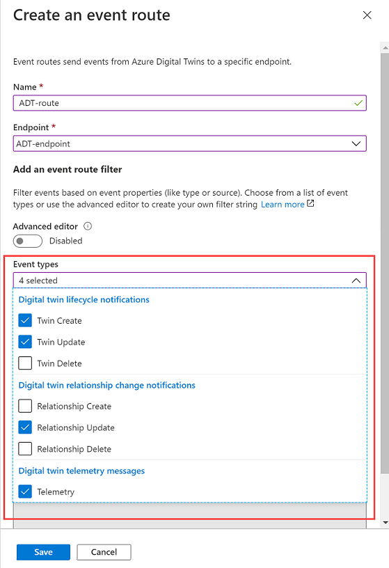 Screenshot of creating an event route with a basic filter in the Azure portal, highlighting the checkboxes of the events.