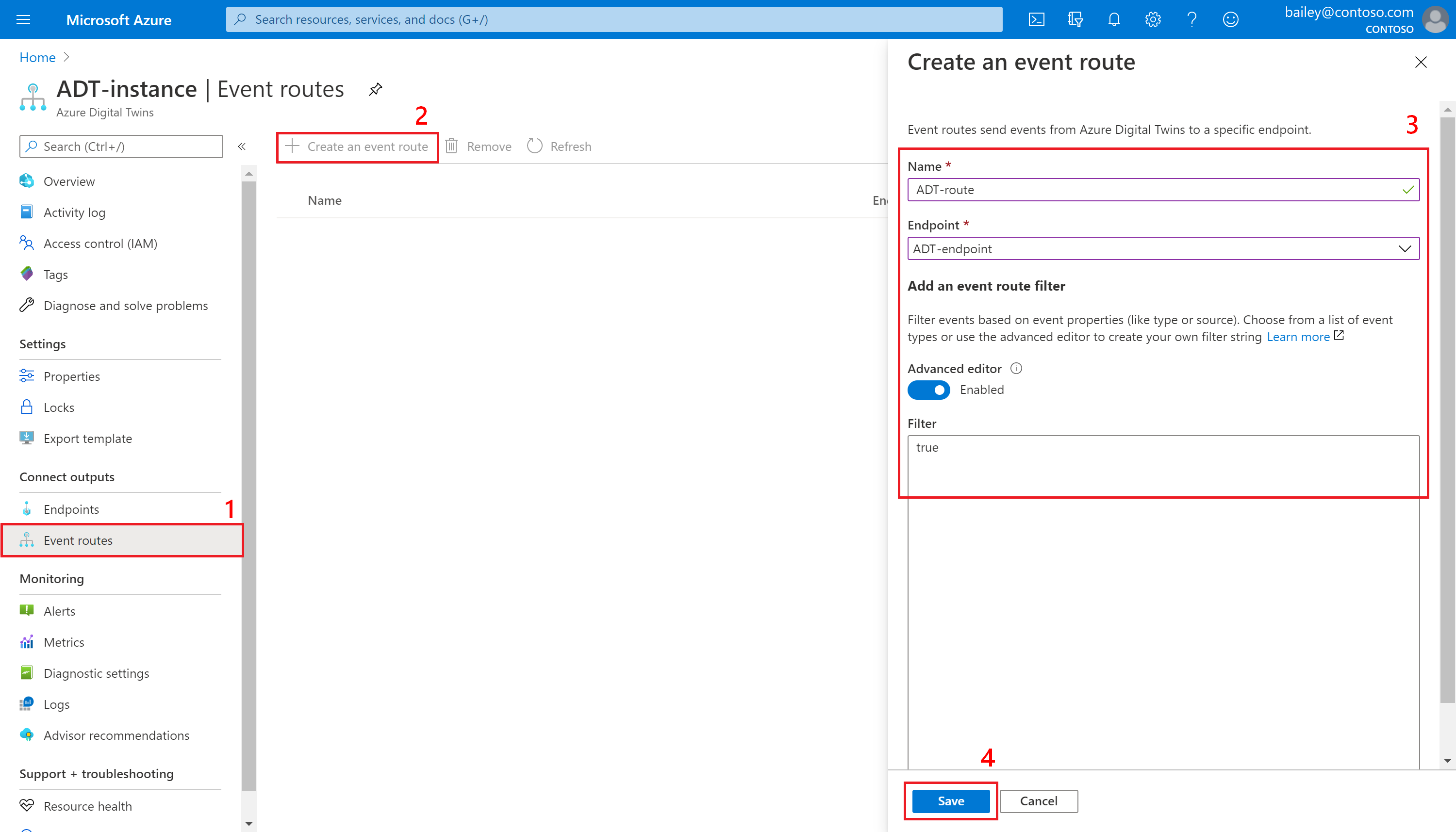 Screenshot of creating an event route for your instance in the Azure portal.