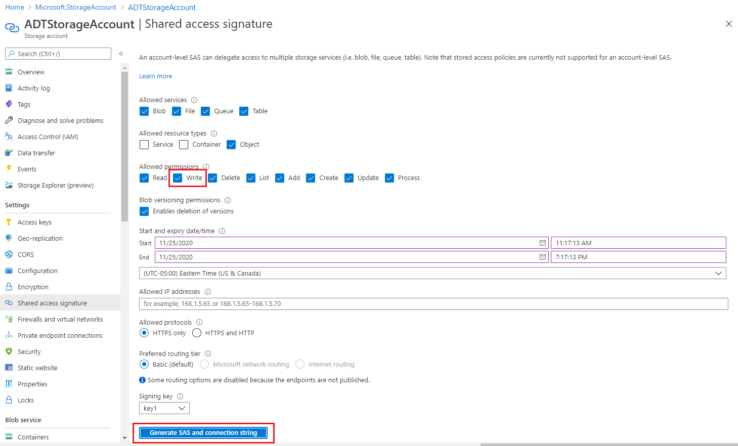 Screenshot of the storage account page in the Azure portal showing all the setting selection to generate a SAS token.