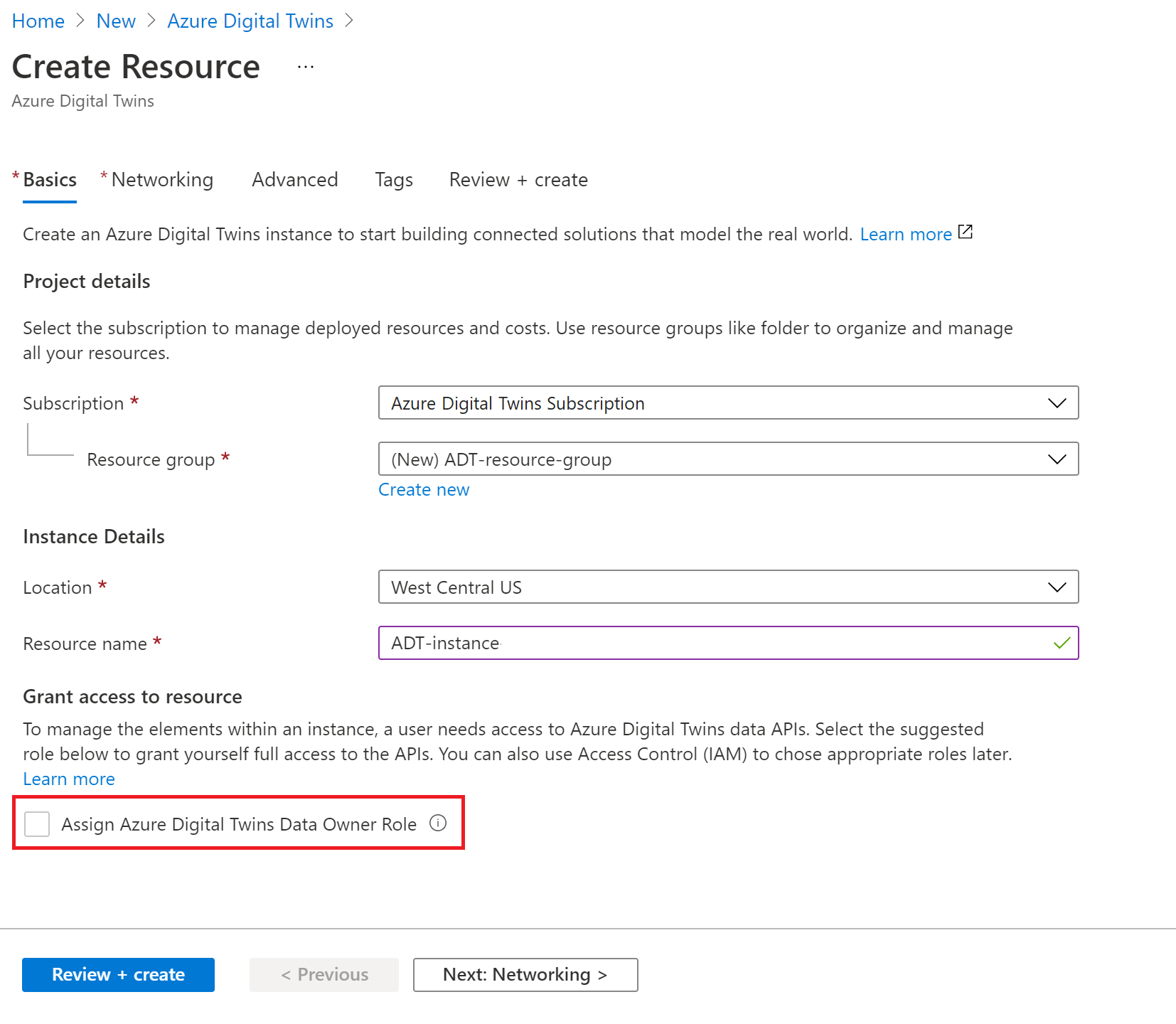 Screenshot of the Create Resource process for Azure Digital Twins in the Azure portal. The checkbox under Grant access to resource is disabled.