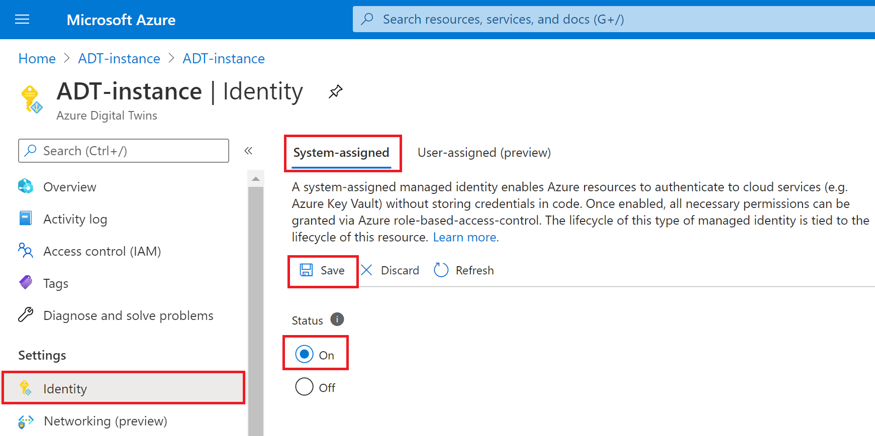 Screenshot of the Azure portal showing the Identity page and system-assigned options for an Azure Digital Twins instance.