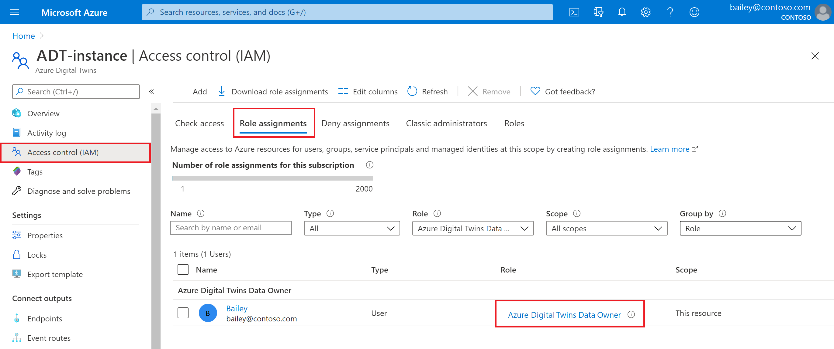 Screenshot of the role assignments for an Azure Digital Twins instance in the Azure portal.