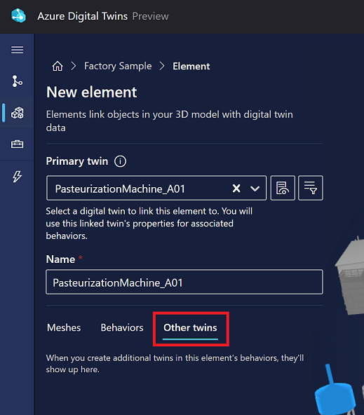 Screenshot of the New element options in 3D Scenes Studio. The Other twins tab is highlighted.
