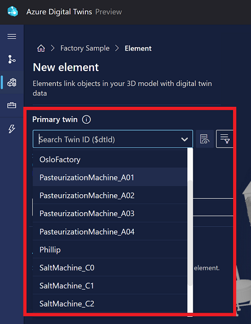 Screenshot of the New element options in 3D Scenes Studio. The Primary twin dropdown list is highlighted.