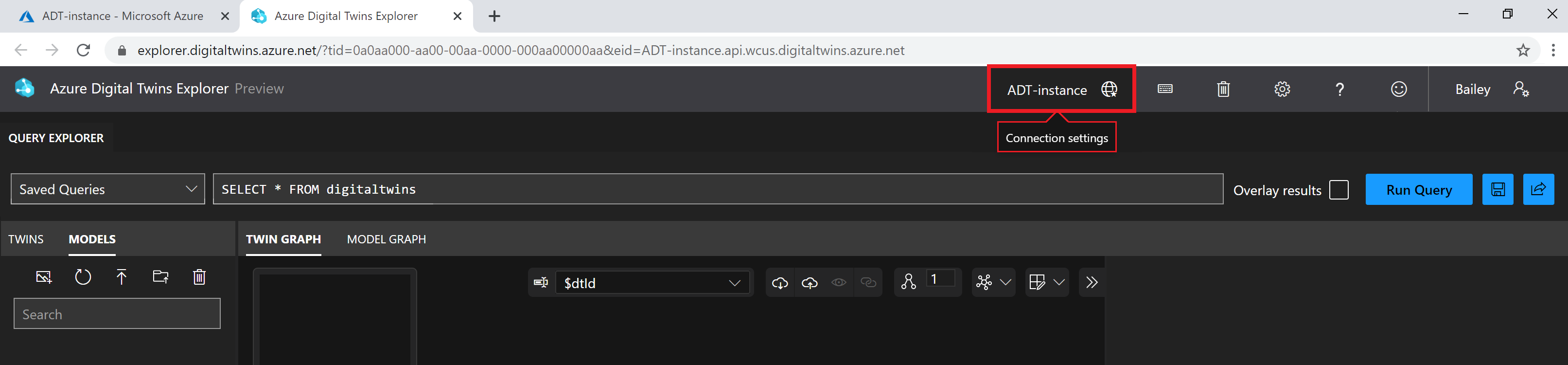 Screenshot of Azure Digital Twins Explorer. The instance name in the top toolbar is highlighted.