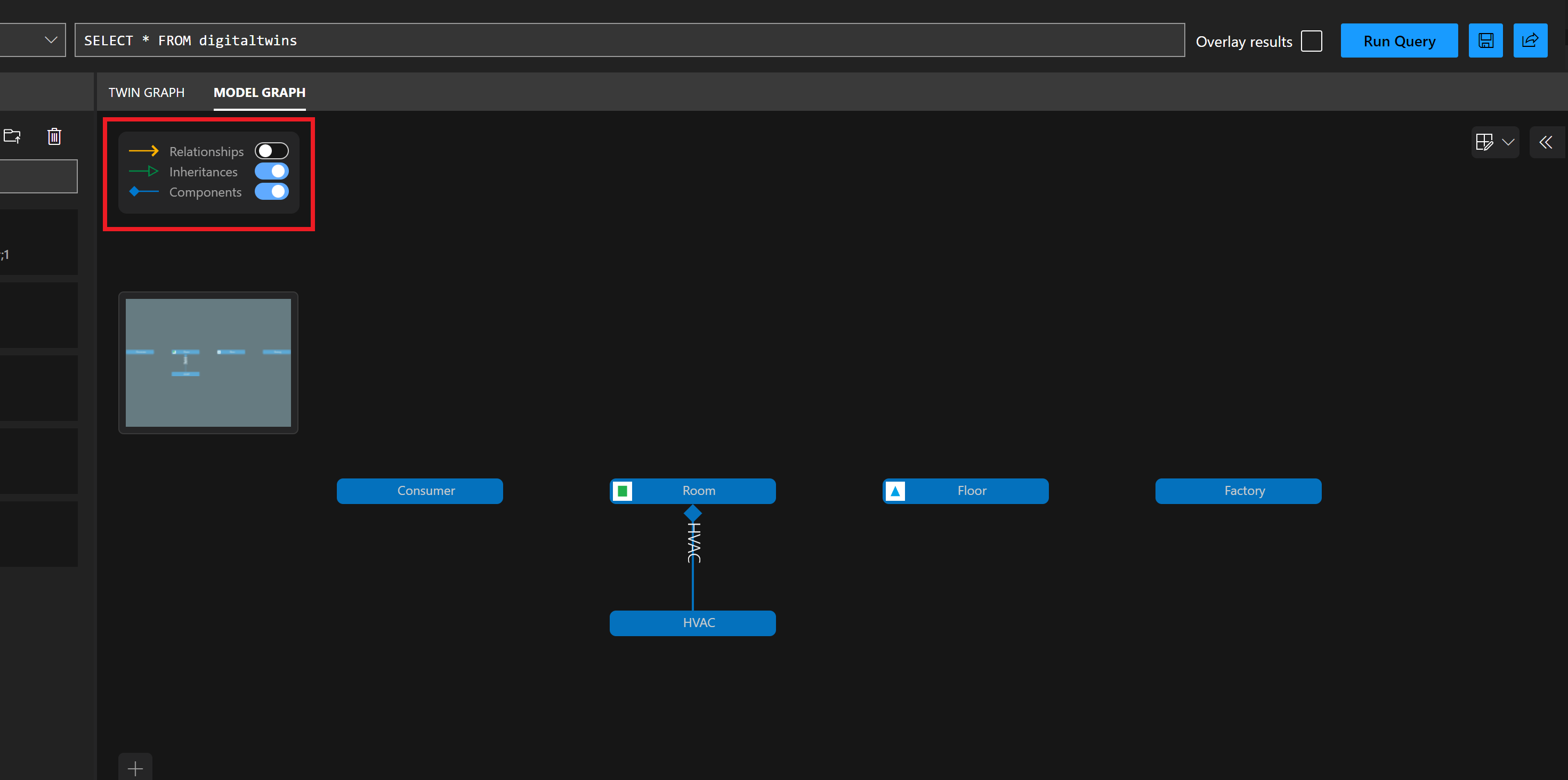 Screenshot of Azure Digital Twins Explorer Model Graph panel. The filter menu for Relationships, Inheritance, and Components are highlighted.
