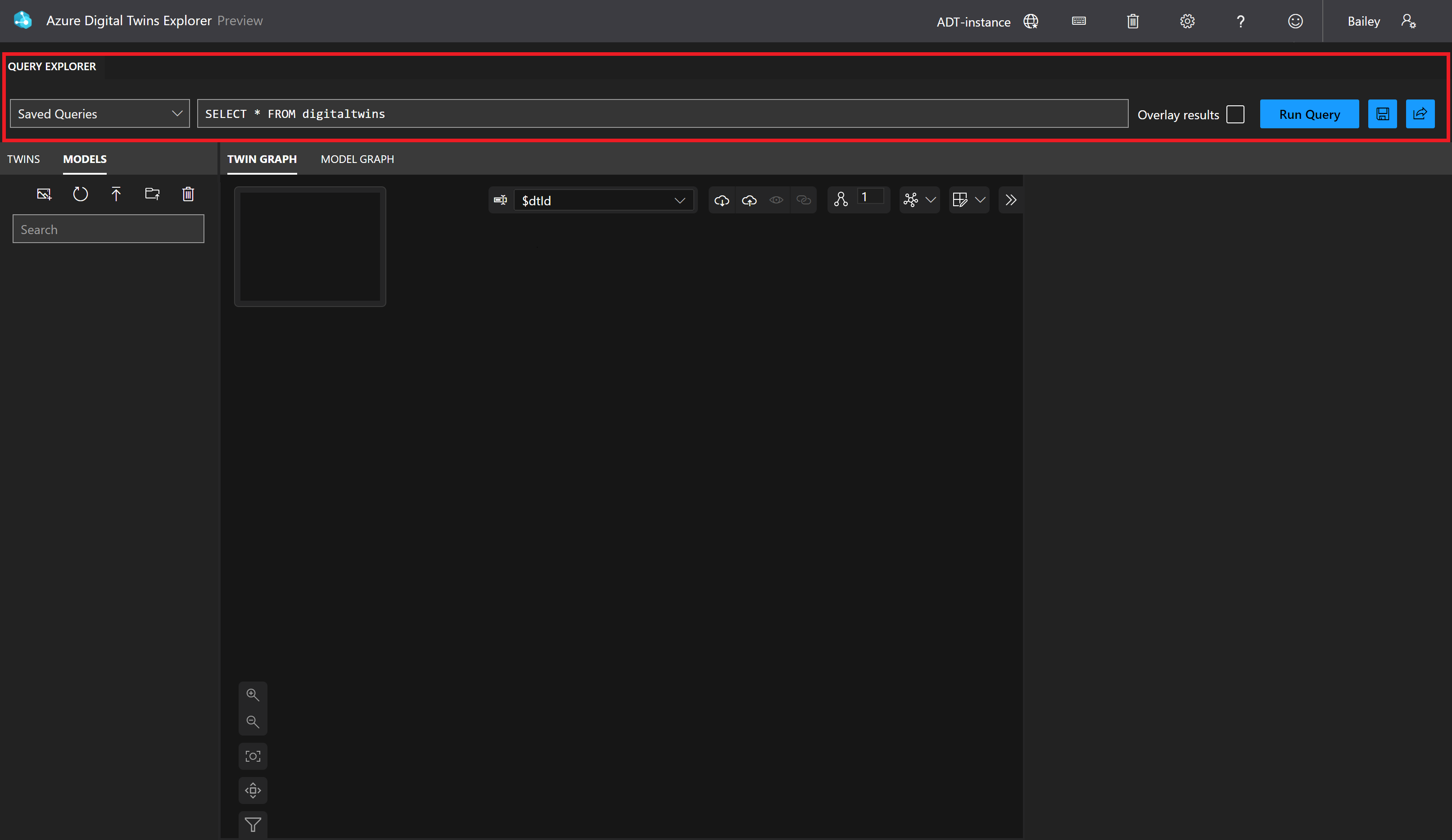 Screenshot of Azure Digital Twins Explorer. The Query Explorer panel is highlighted.
