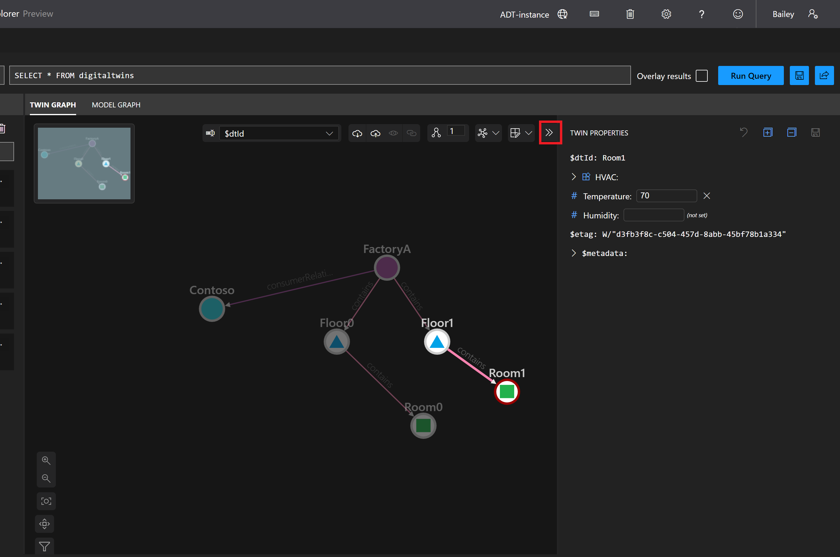 Screenshot of Azure Digital Twins Explorer Twin Graph panel. The FactoryA twin is selected, and the Twin Properties panel is expanded, showing the properties of the twin.