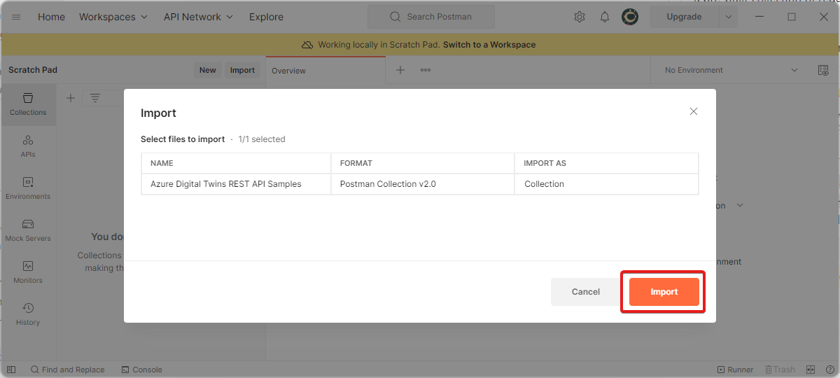 Screenshot of Postman's 'Import' window, showing the file to import as a collection and the Import button.