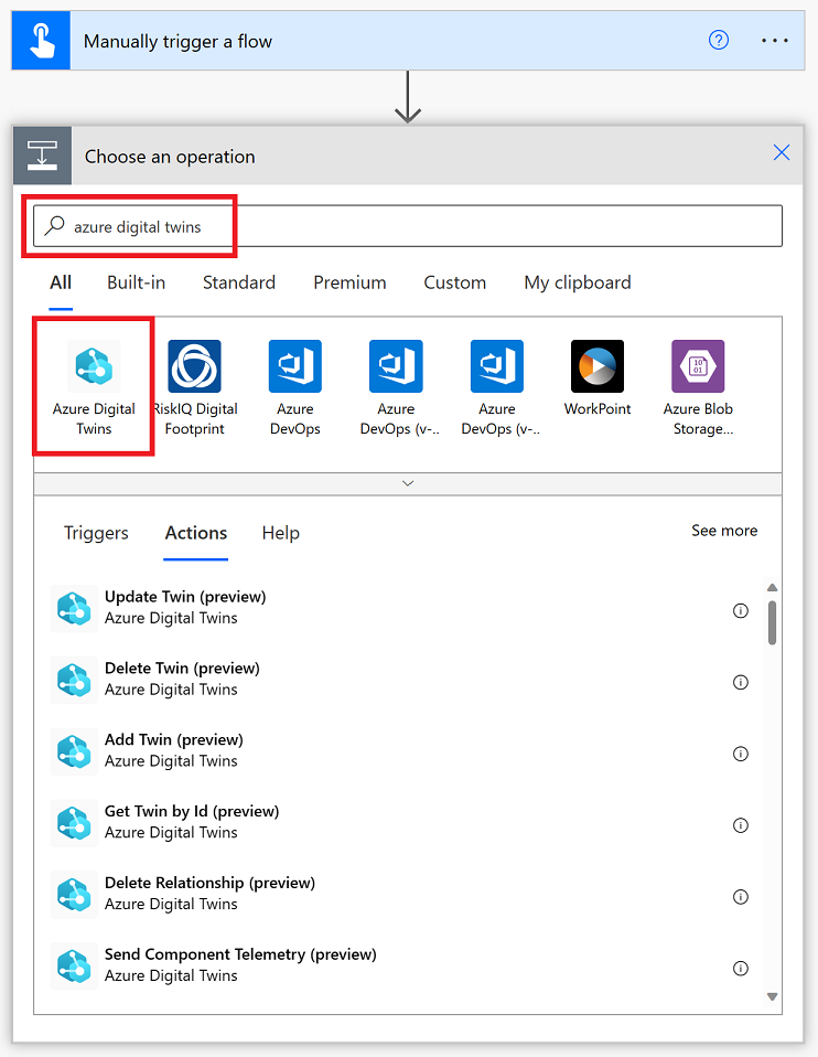 Screenshot of Power Automate, showing the Azure Digital Twins connector in a new flow.