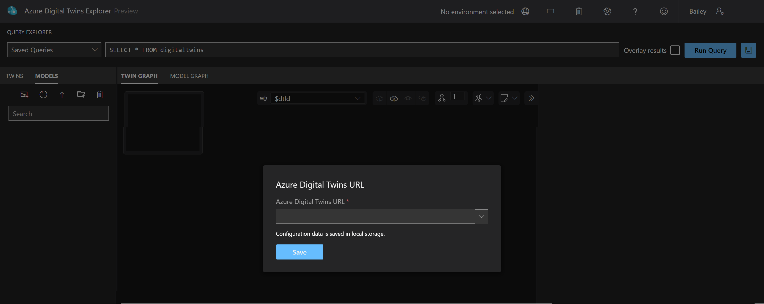 Screenshot of Azure Digital Twins Explorer. The Azure Digital Twins URL modal displays an empty editable box for the Azure Digital Twins URL.