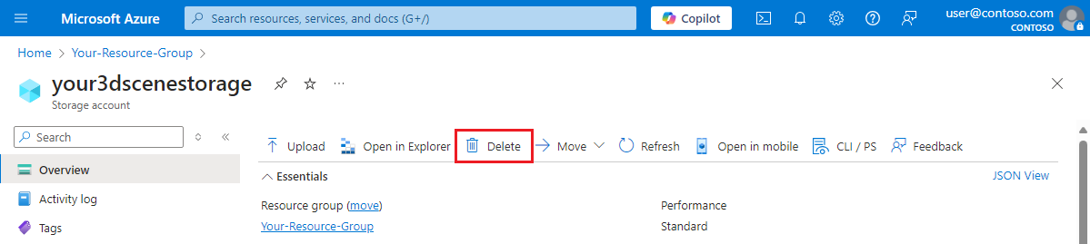 Screenshot of the Overview page for an Azure storage account in the Azure portal. The Delete button is highlighted.