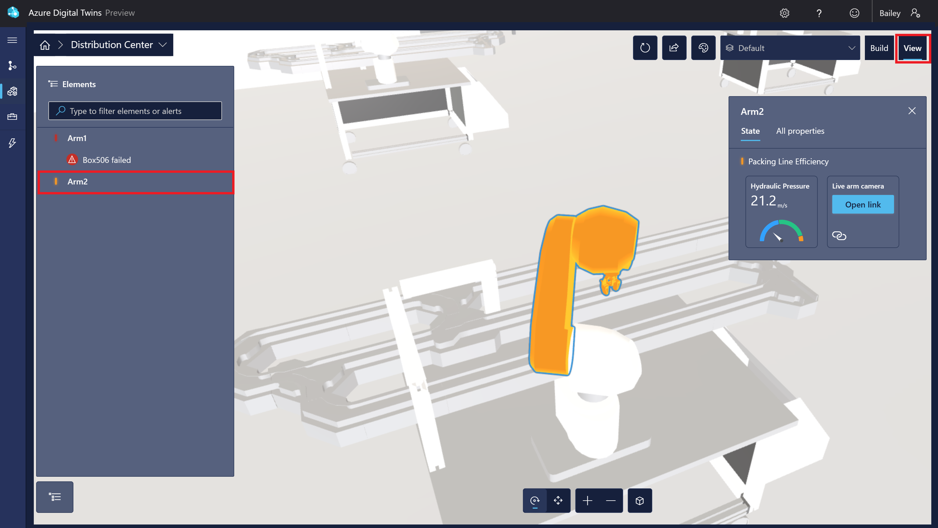 Screenshot of the factory scene in 3D Scenes Studio, showing the viewer for the second arm.