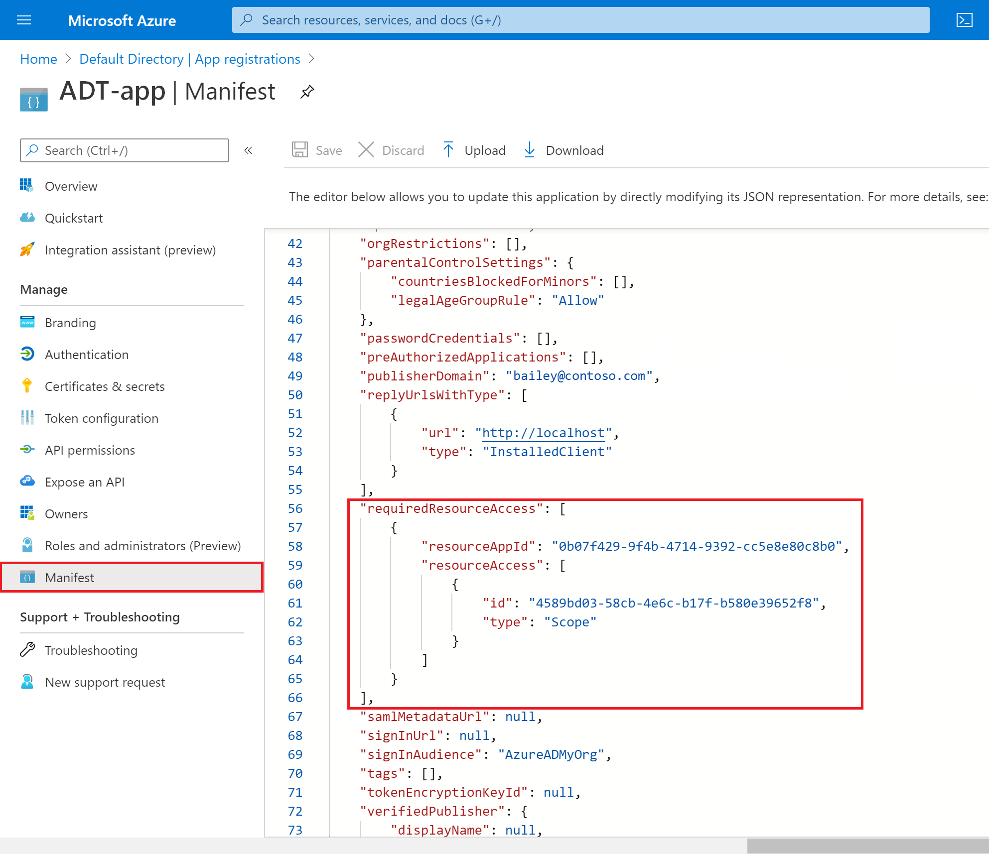 Screenshot of the manifest for the Azure AD app registration in the Azure portal.