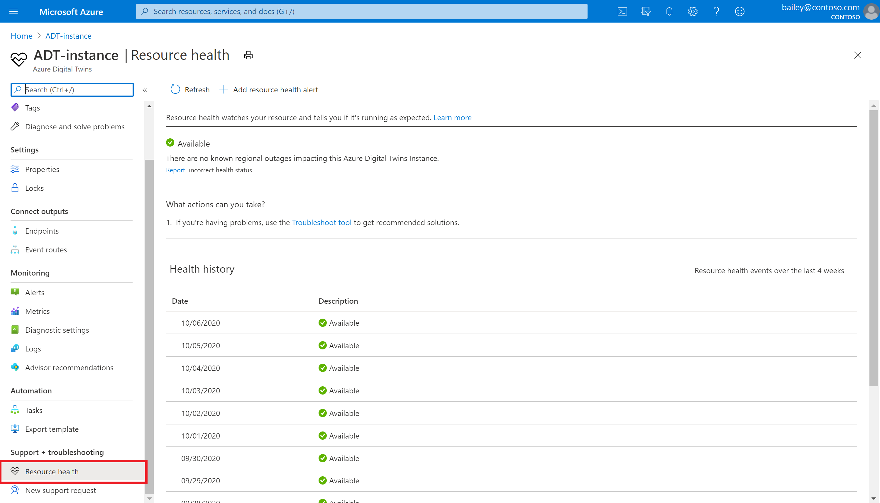 Screenshot showing the 'Resource health' page. There is a 'Health history' section showing a daily report from the last nine days.