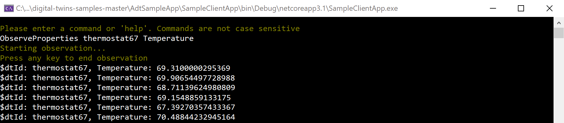 Screenshot of the console output showing log of temperature messages from digital twin thermostat67.