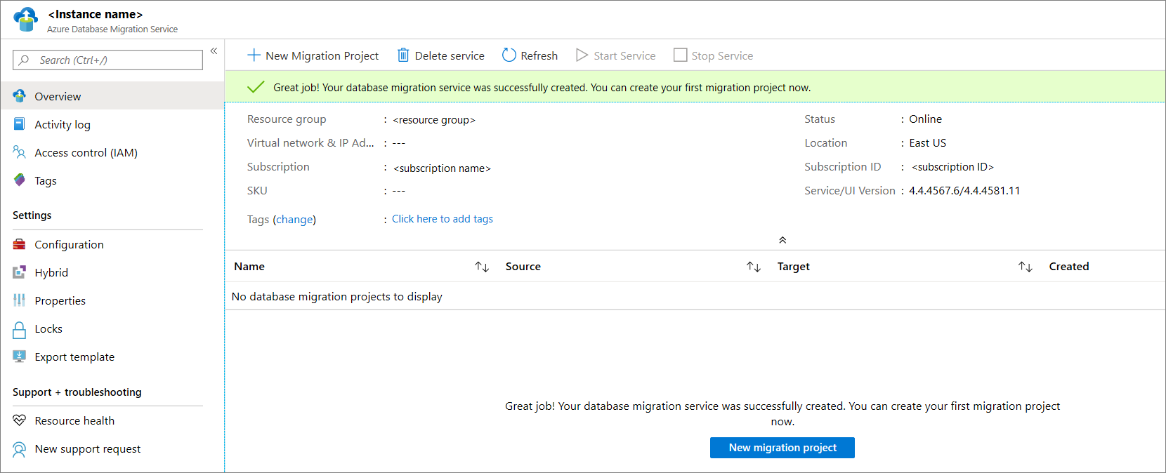Azure Database Migration Service hybrid mode instance