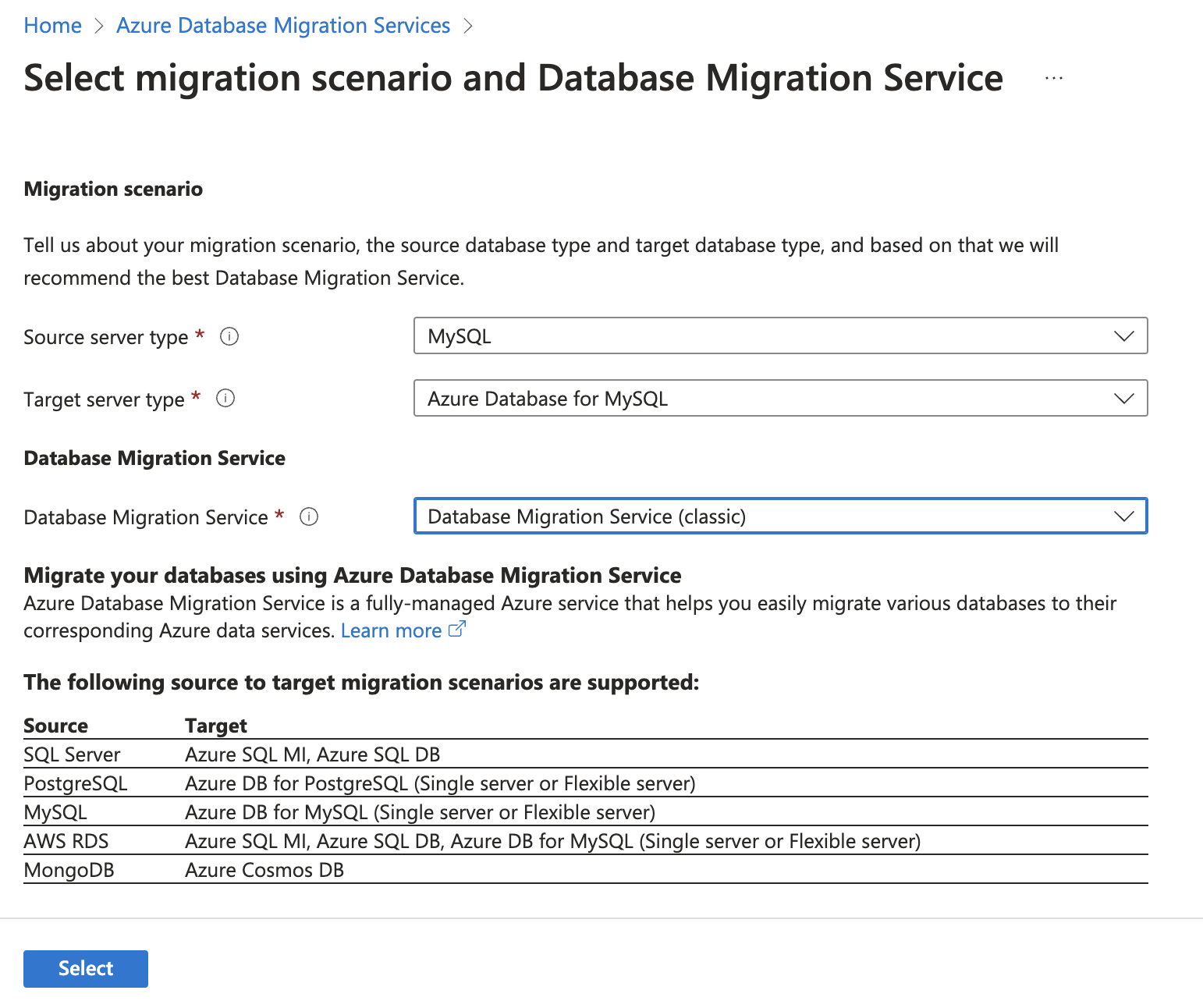 Screenshot of a Select Migration Scenario.