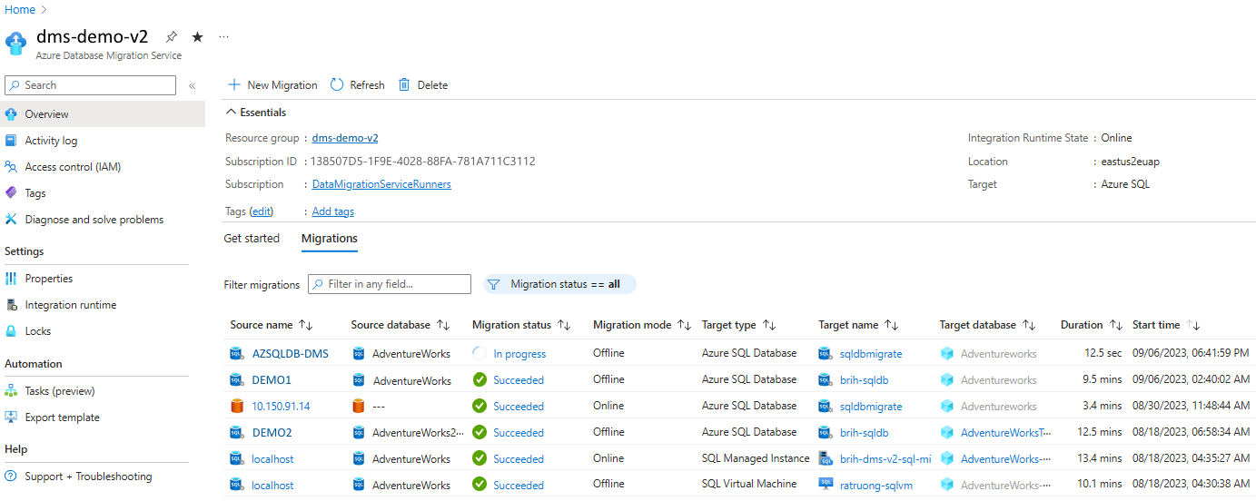 Screenshot that shows database migration details.