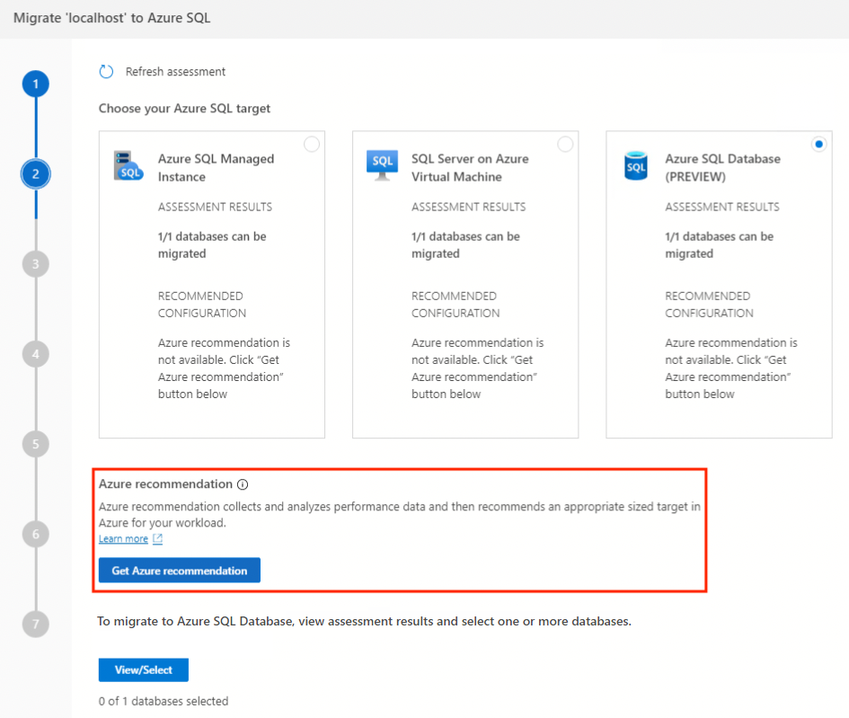 Screenshot that shows Azure recommendations.