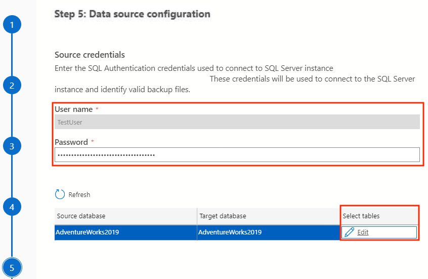 Screenshot that shows source SQL Server credentials.