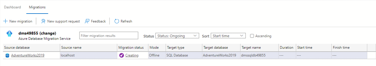 Screenshot that shows a creating migration status.