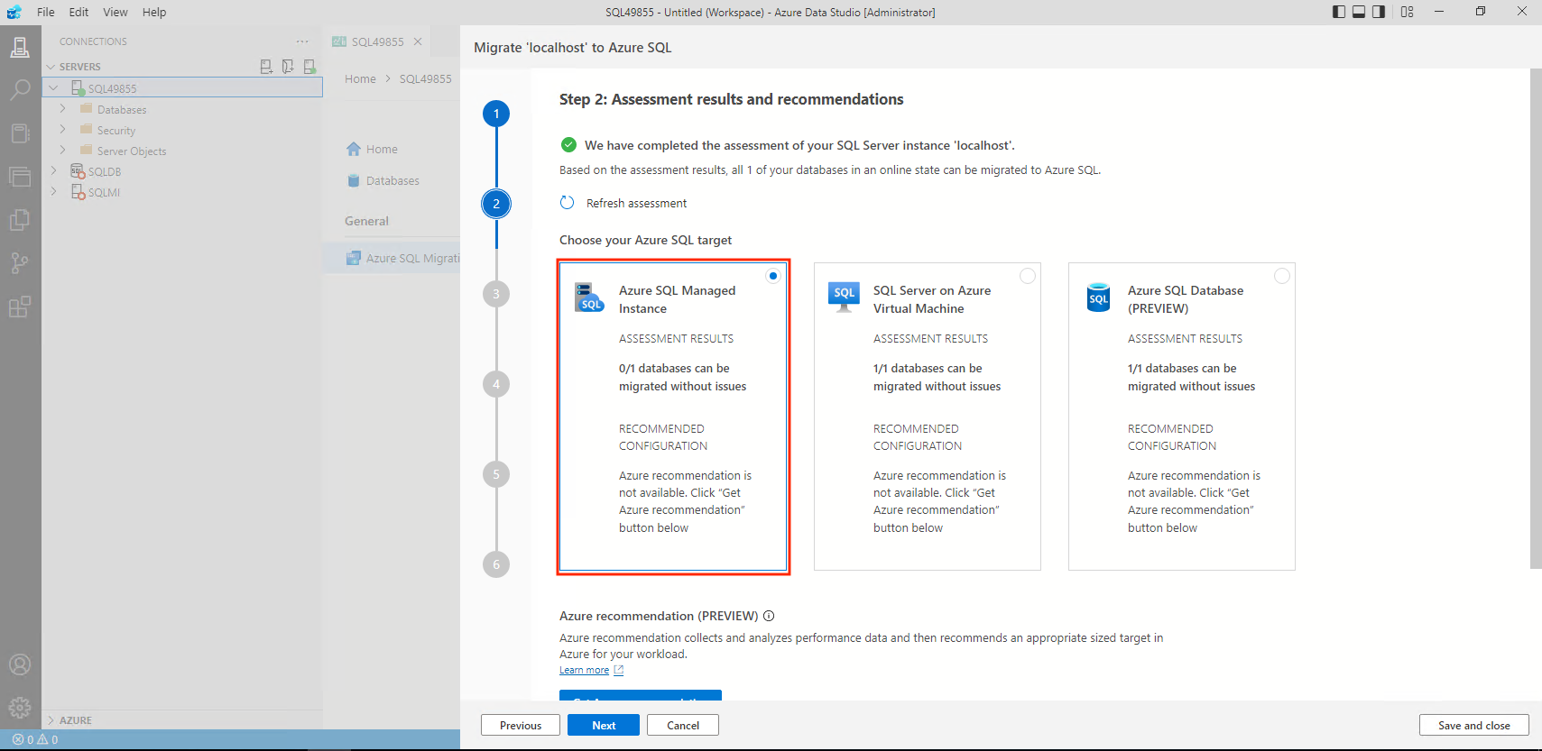 Screenshot that shows selecting the Azure SQL Managed Instance target.