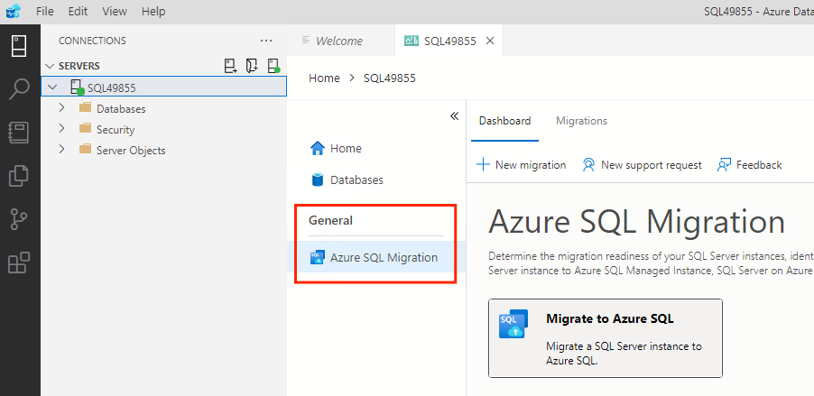 Screenshot that shows the Azure Data Studio server menu.