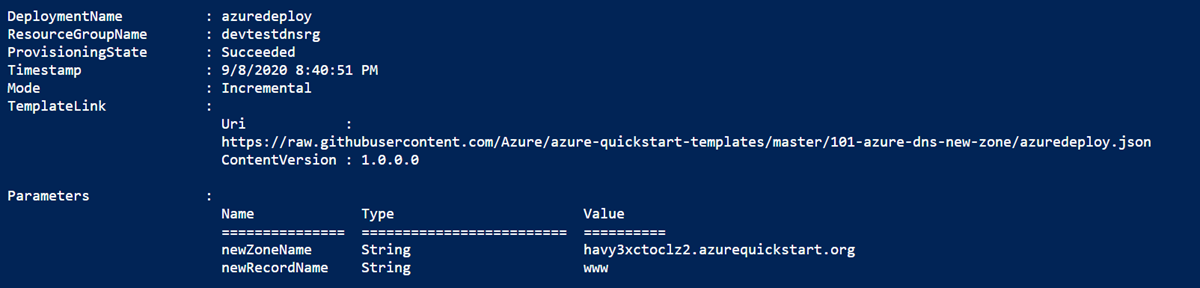Azure DNS zone Resource Manager template PowerShell deployment output