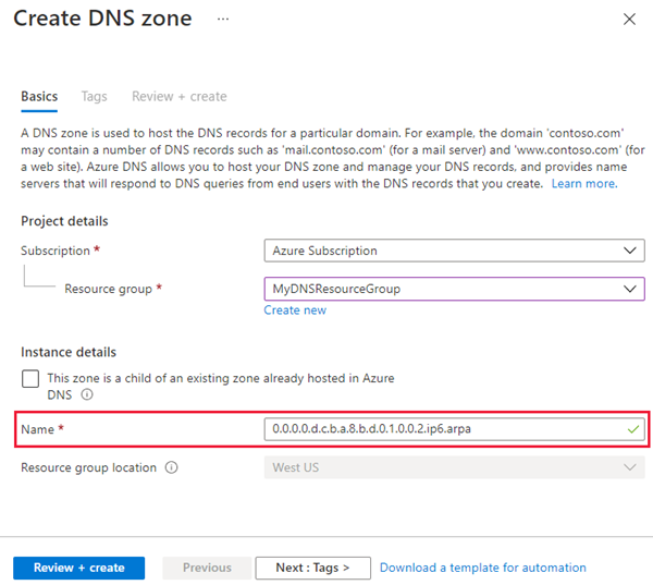 Screenshot of create IPv6 arpa DNS zone.