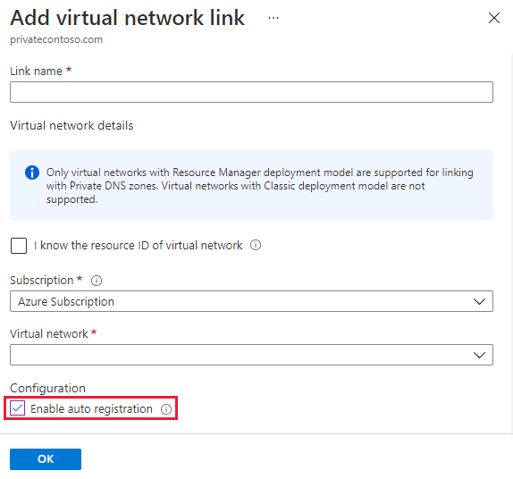 Screenshot of enable auto registration on add virtual network link page.